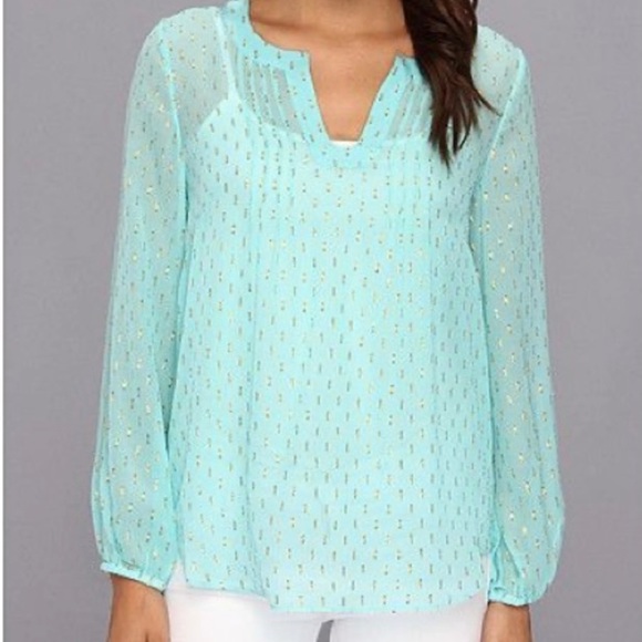 Lilly Pulitzer Tops - Lilly Pulitzer Tybee Metallic Clip Dot Shorely Blue Silk Pullover Top Blouse